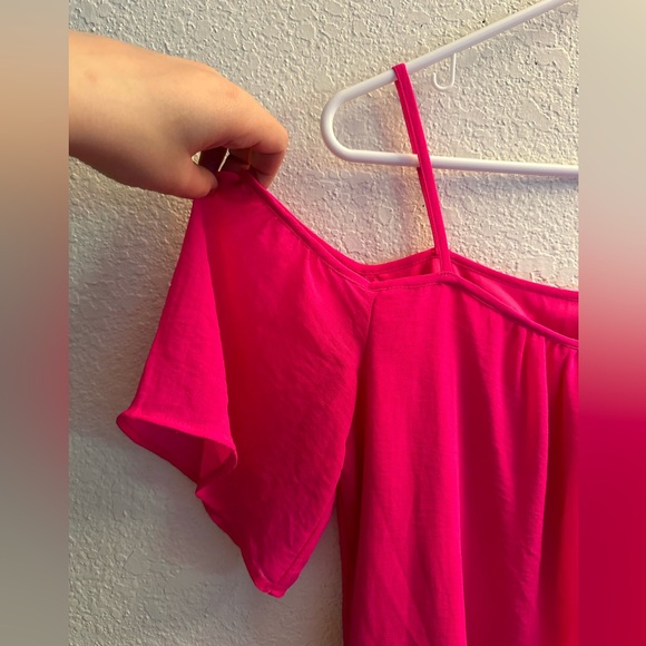 Fuchsia Off the Shoulder Dress with Spaghetti Strap and Sheer Layer - Picture 2 of 8